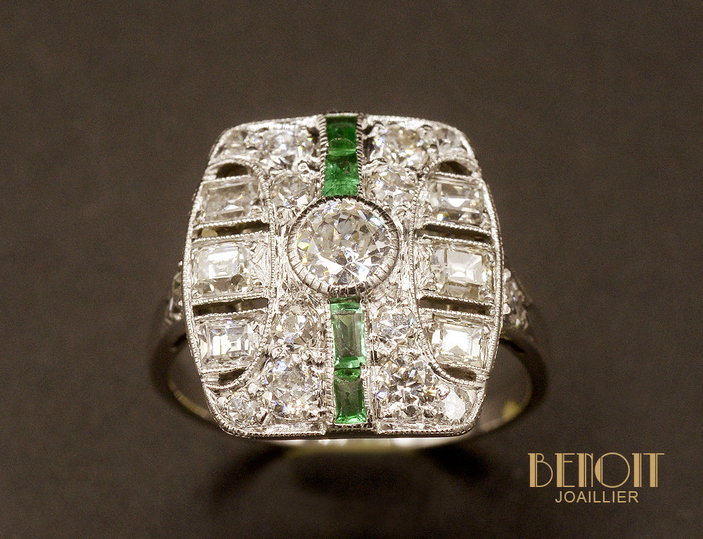 Bague Art Déco Diamants et Emeraudes - Image 2
