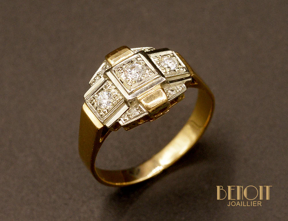 Bague Art Déco Or Rose et Diamants
