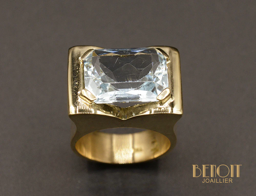 Bague Tank Or Jaune et Aigue Marine - Image 2