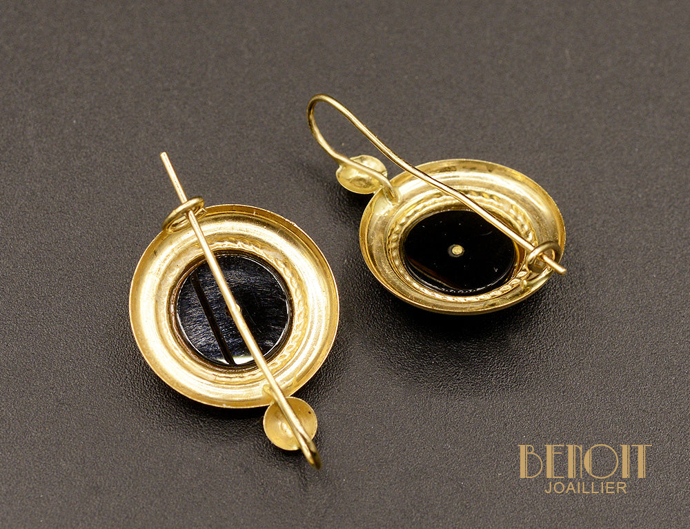 Boucles d'Oreilles Anciennes en Or Jaune et Onyx - Image 2