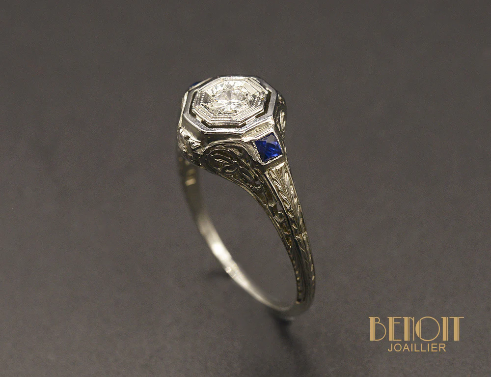 Bague Art Déco Diamant et Saphirs - Image 3