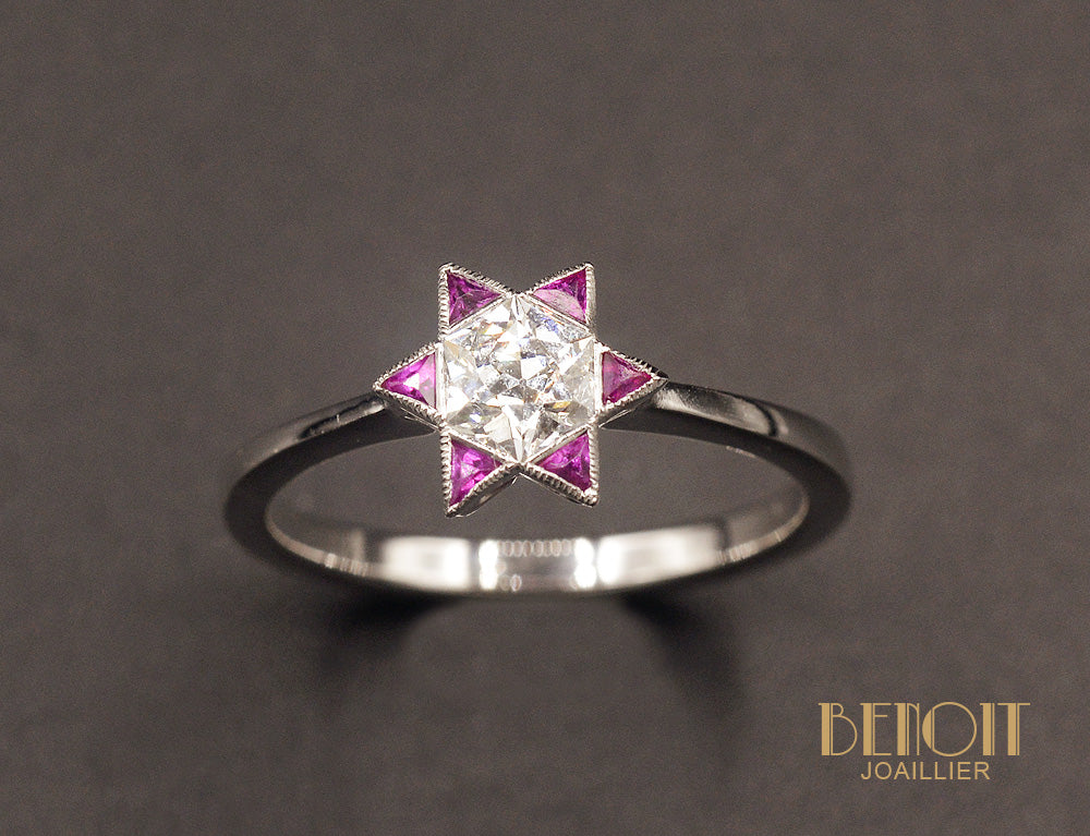 Bague solitaire Art Déco diamant et rubis - Image 2