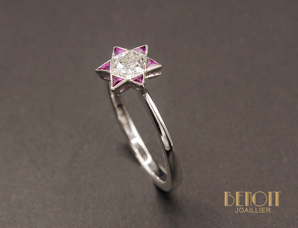 Bague solitaire Art Déco diamant et rubis - Image 3