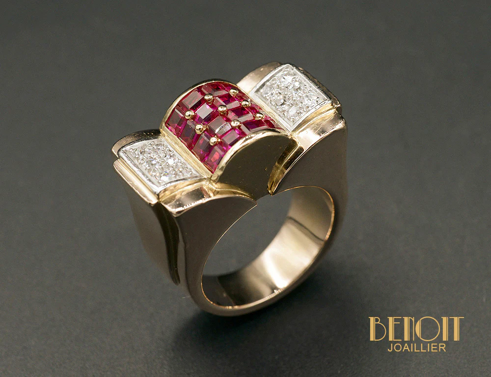 Bague Tank Rubis et Diamants