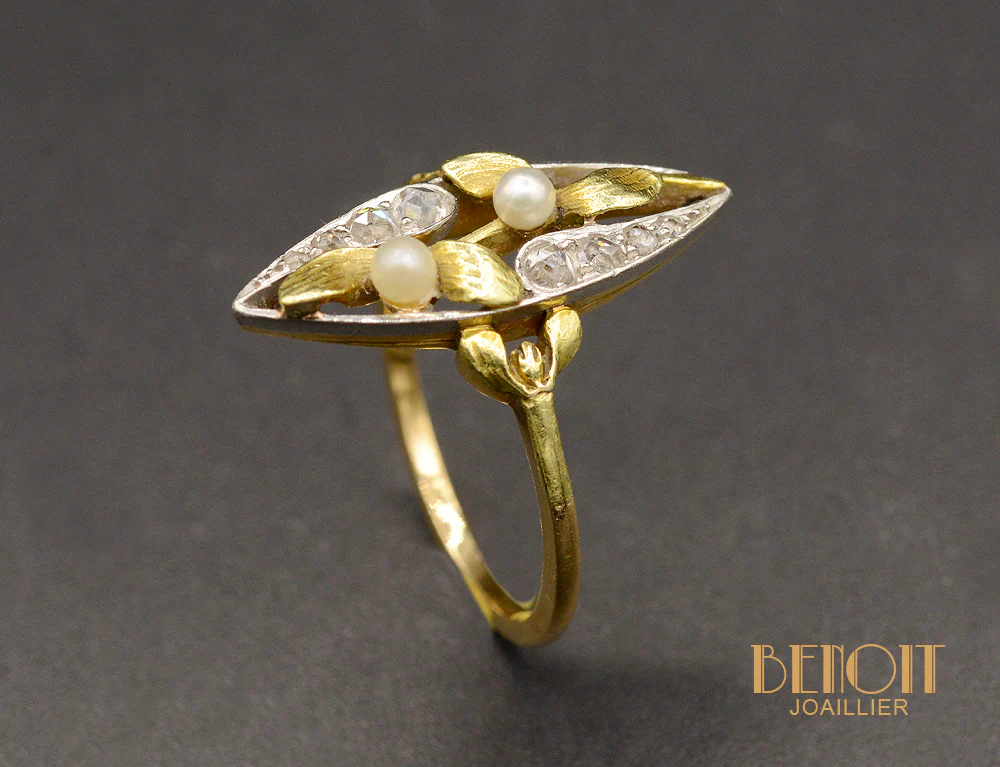 Bague Marquise Art Nouveau Perles Fines et Diamants - Image 3