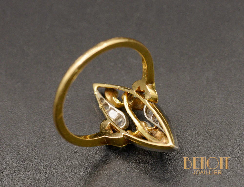 Bague Marquise Art Nouveau Perles Fines et Diamants - Image 4