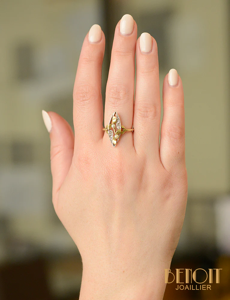Bague Marquise Art Nouveau Perles Fines et Diamants - Image 5