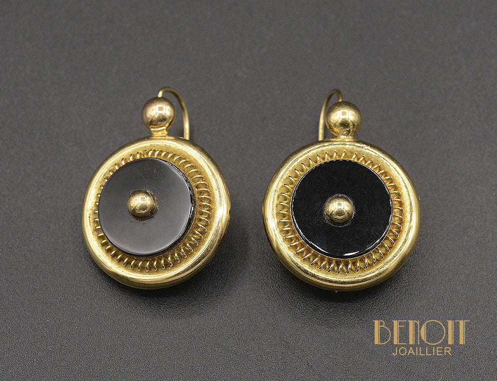 Boucles d'Oreilles Dormeuses en Or jaune et Onyx