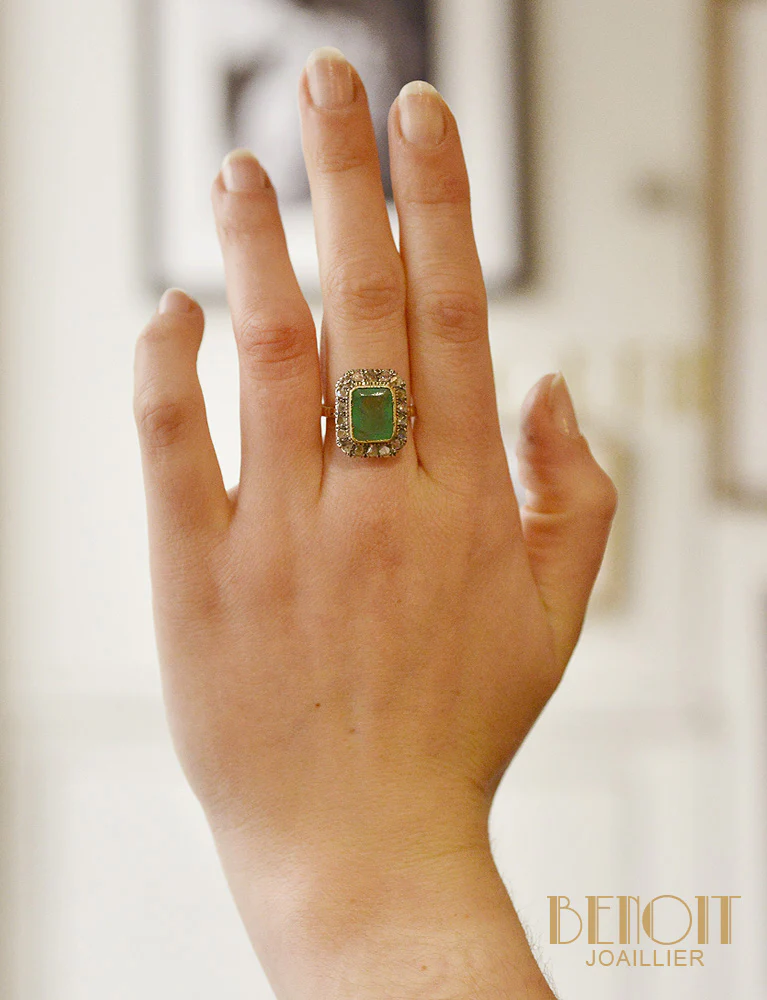 Bague Emeraude entourage Diamants Taille Rose - Image 6