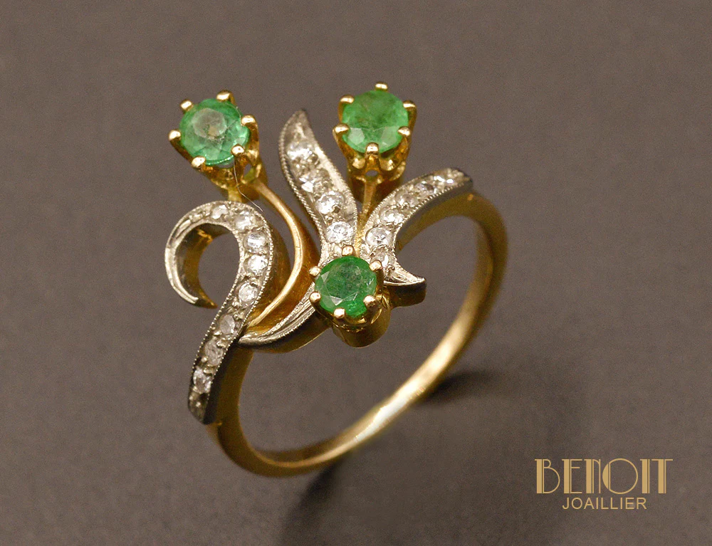 Bague 1900 Or, Emeraude et Diamants