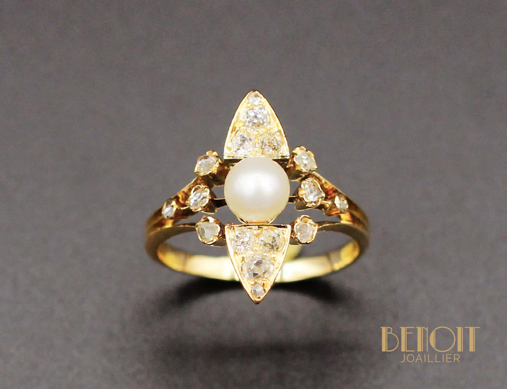 Bague Ancienne Perle Fine Diamants - Image 2