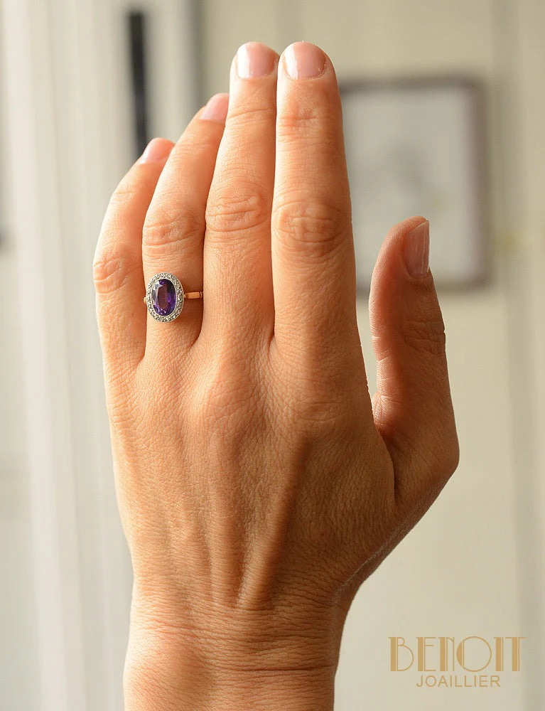 Bague Art Déco Améthyste entourage Diamants - Image 5