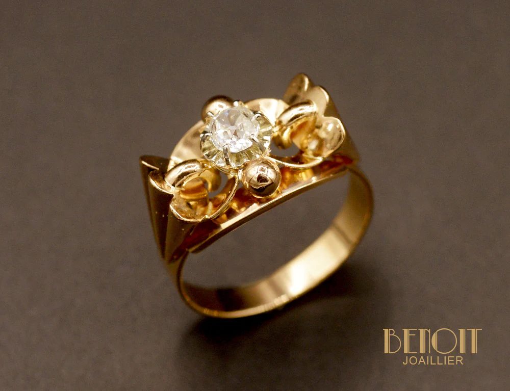 Bague Art Déco Diamant et Or Rose