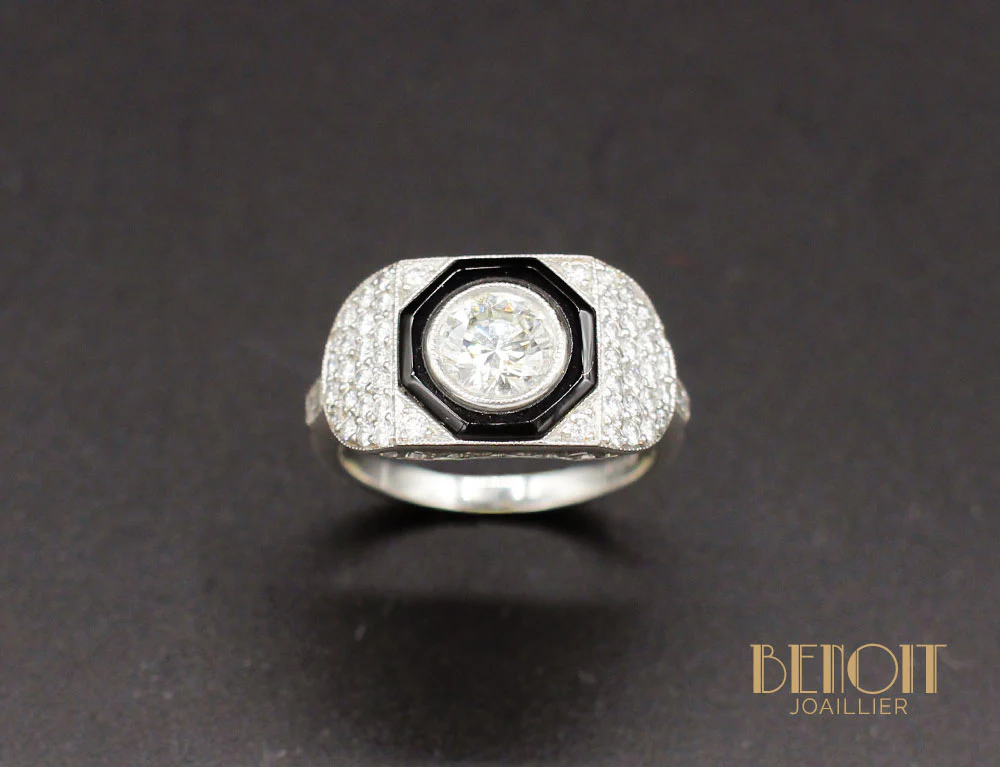 Bague Art Déco Diamants Onyx - Image 2