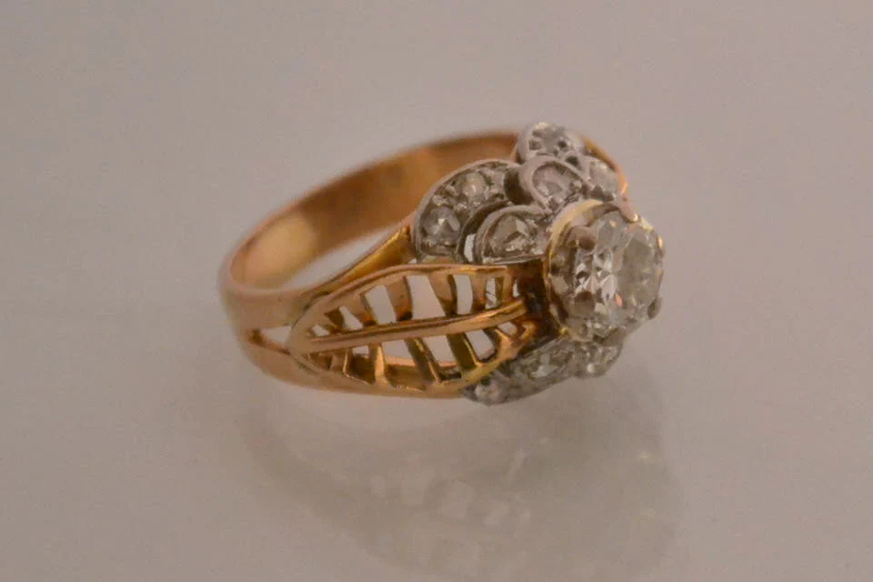 Bague Art Déco Diamants Platine et Or Jaune