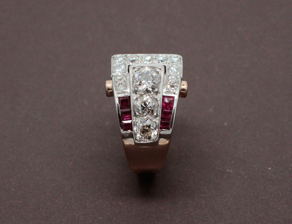 Bague Art Déco Diamants Rubis et Or Rose - Image 3