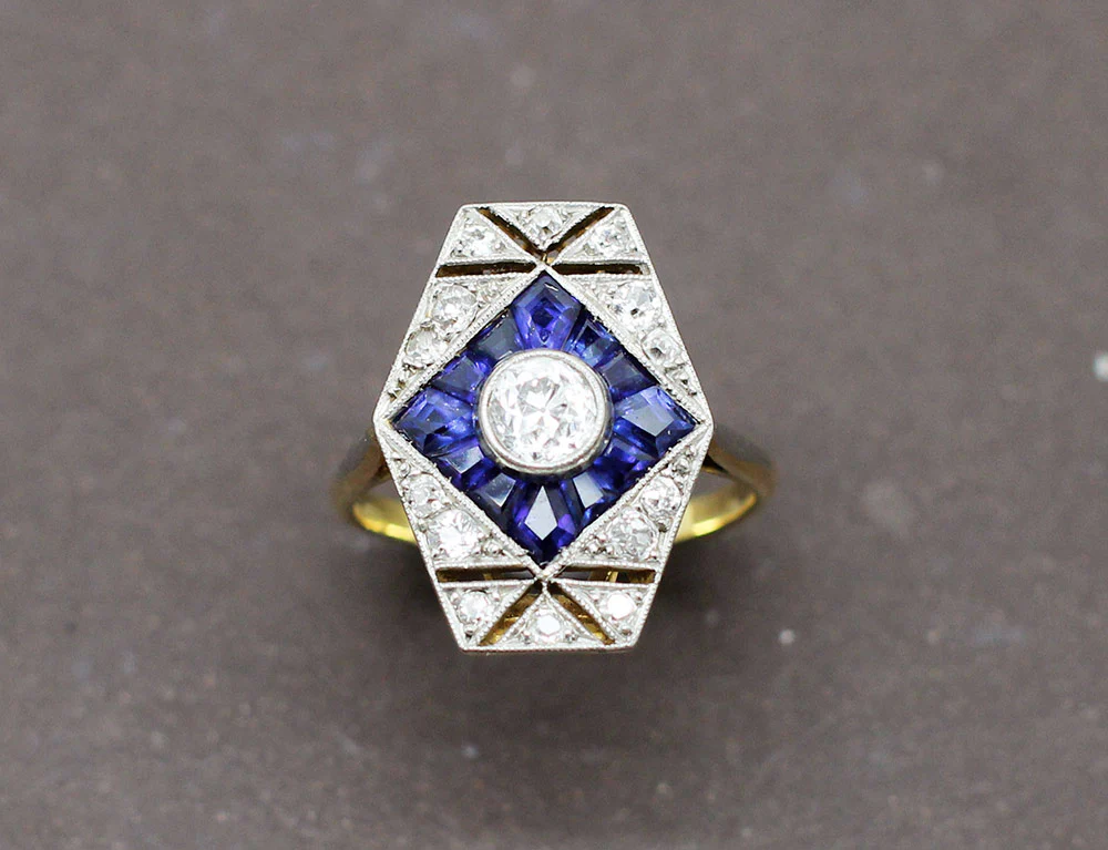 Bague Art Déco Diamants Saphir - Image 2