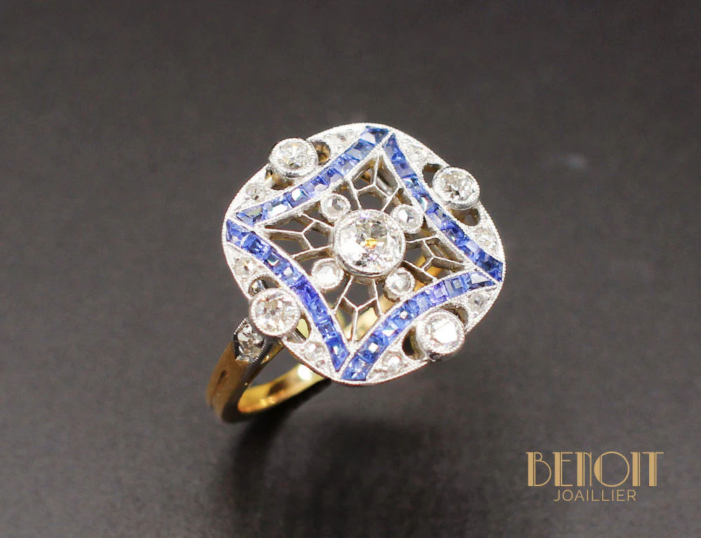 Bague Art Déco Diamants Saphirs