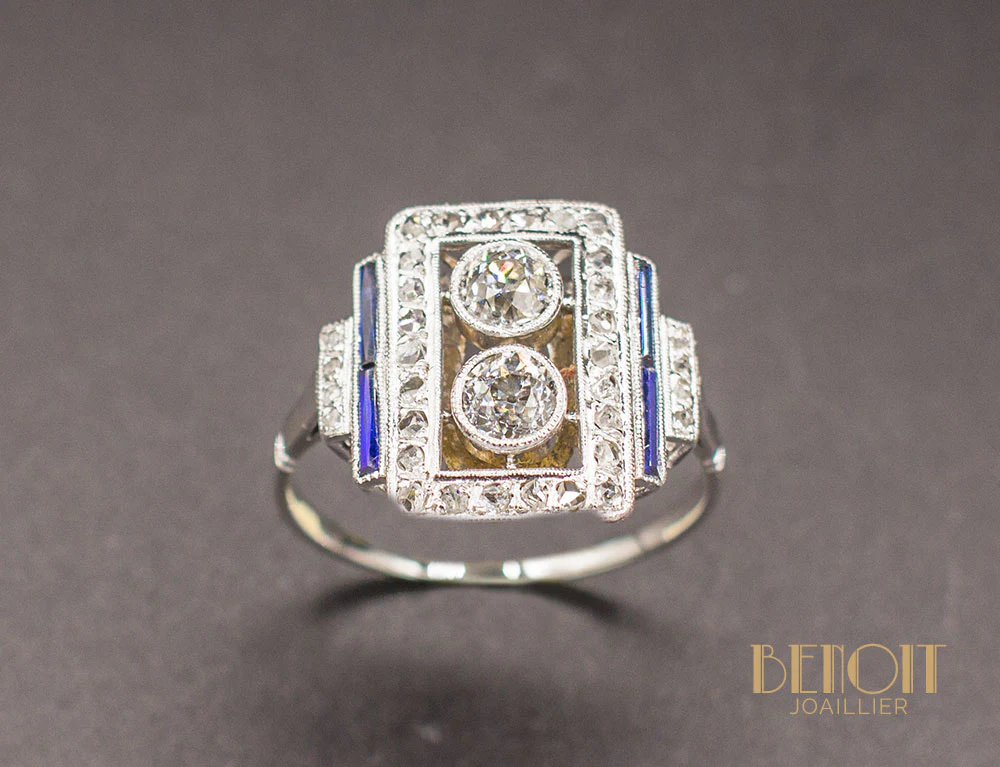 Bague Art Déco Diamants Saphirs - Image 2
