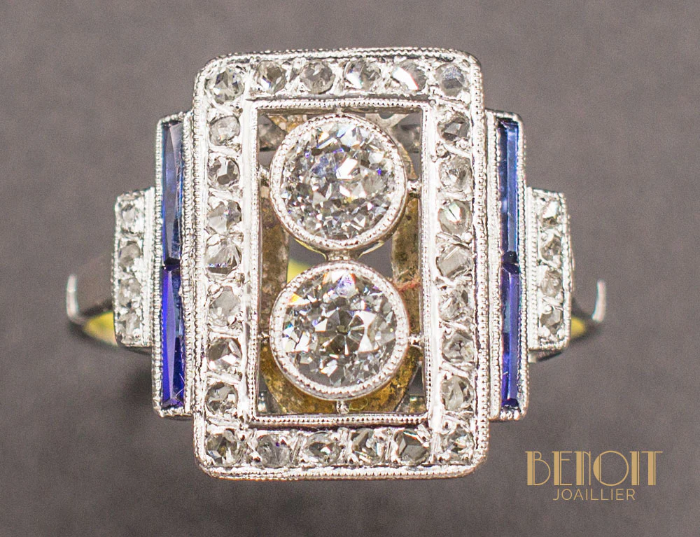 Bague Art Déco Diamants Saphirs - Image 3