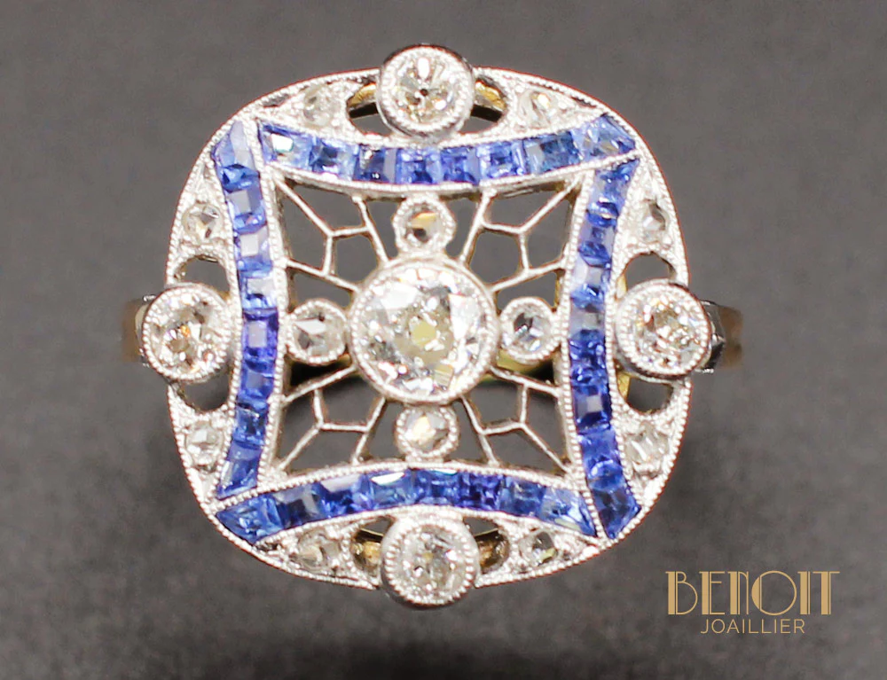 Bague Art Déco Diamants Saphirs - Image 3