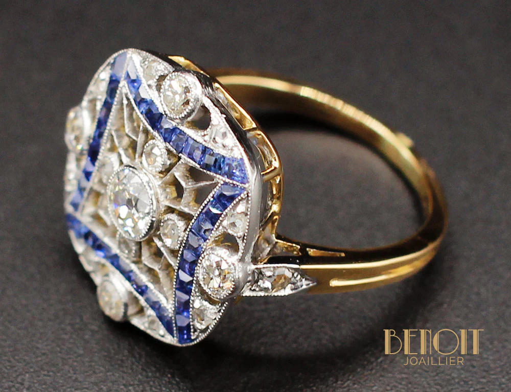 Bague Art Déco Diamants Saphirs - Image 4