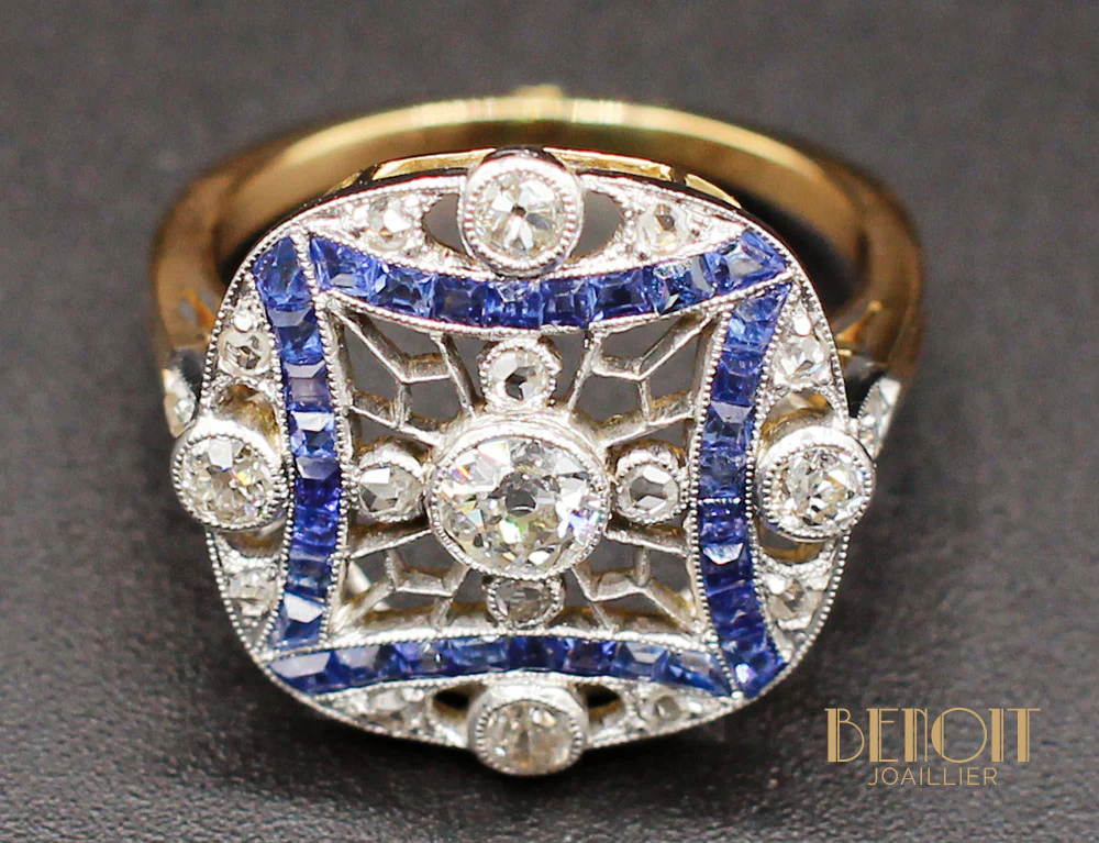 Bague Art Déco Diamants Saphirs - Image 6