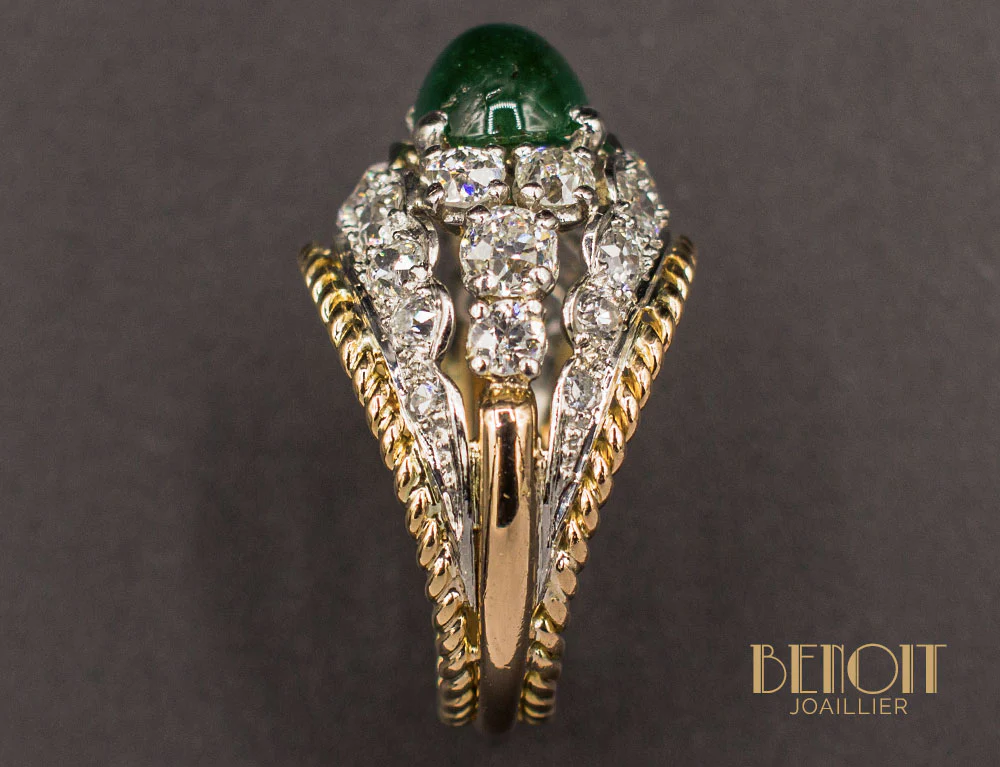 Bague Art Déco Dôme Emeraude et Diamants - Image 6