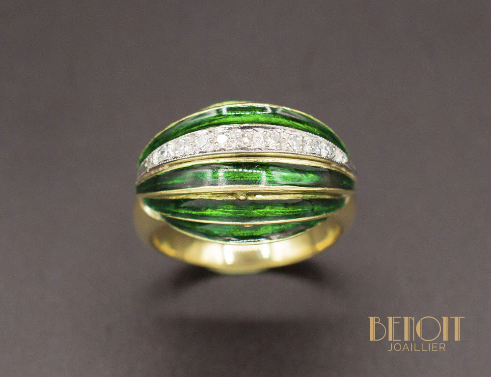Bague Art Déco Email Vert et Diamants - Image 2