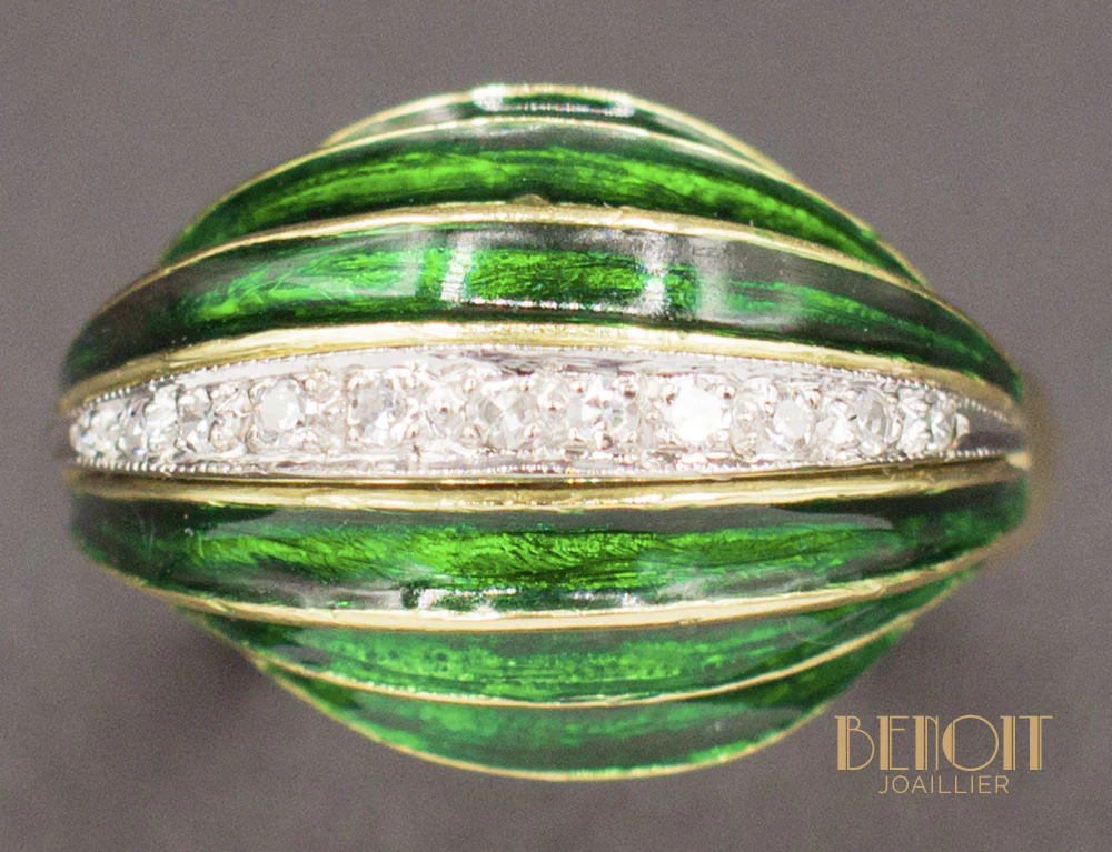 Bague Art Déco Email Vert et Diamants - Image 3