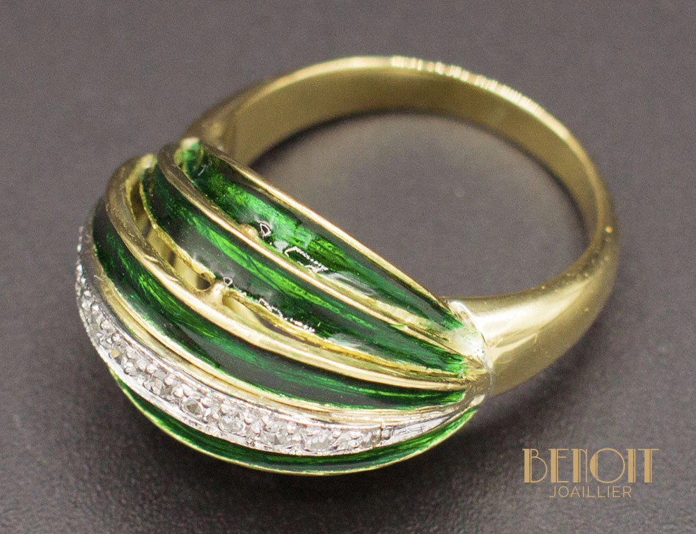 Bague Art Déco Email Vert et Diamants - Image 5