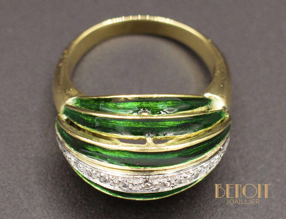 Bague Art Déco Email Vert et Diamants - Image 6