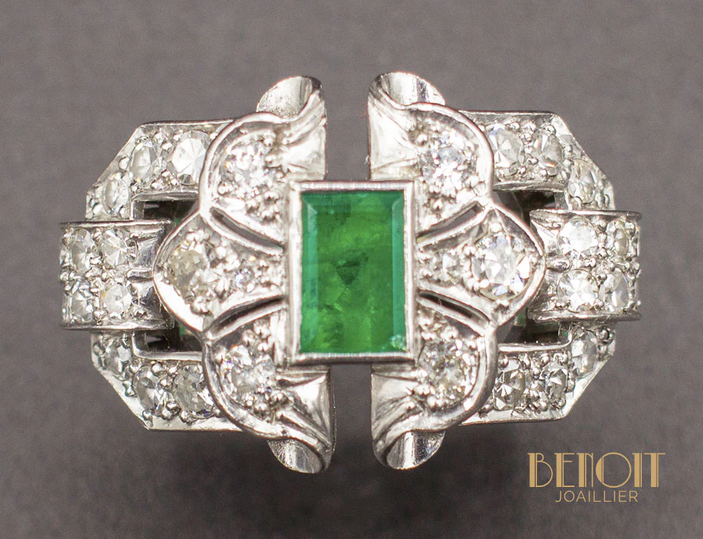Bague Art Déco Émeraude Diamants - Image 3