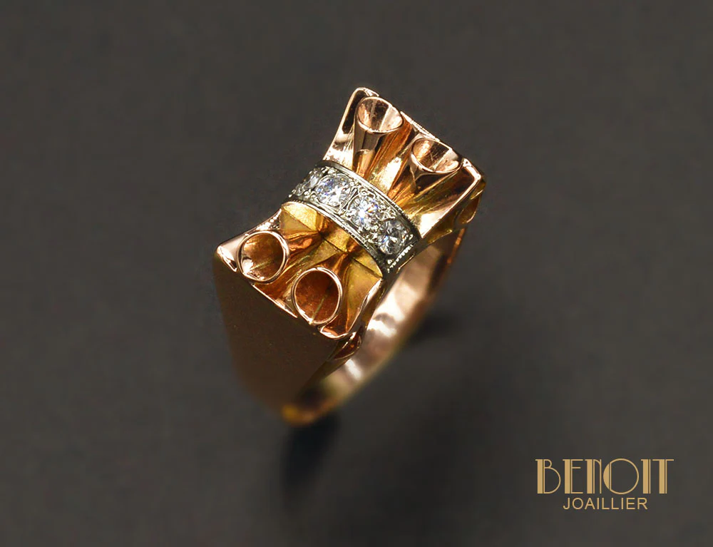 Bague Art Déco Moderniste Or Rose Diamants