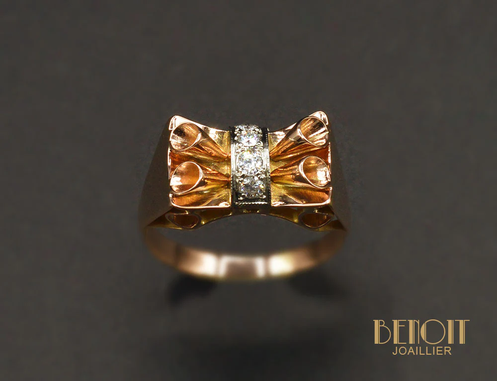 Bague Art Déco Moderniste Or Rose Diamants - Image 2
