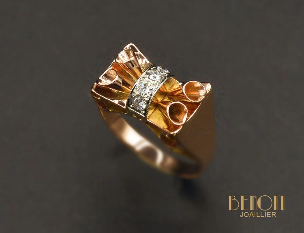 Bague Art Déco Moderniste Or Rose Diamants - Image 3