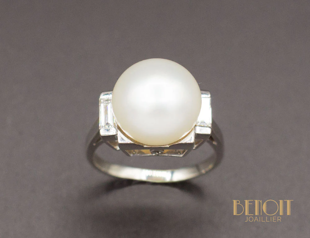 Bague Art Déco Perle Diamants - Image 2