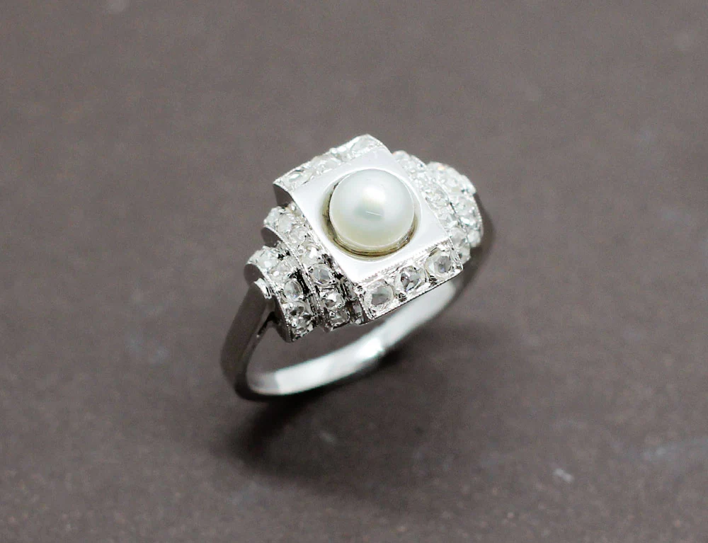 Bague Art Déco Perle Fine Diamants