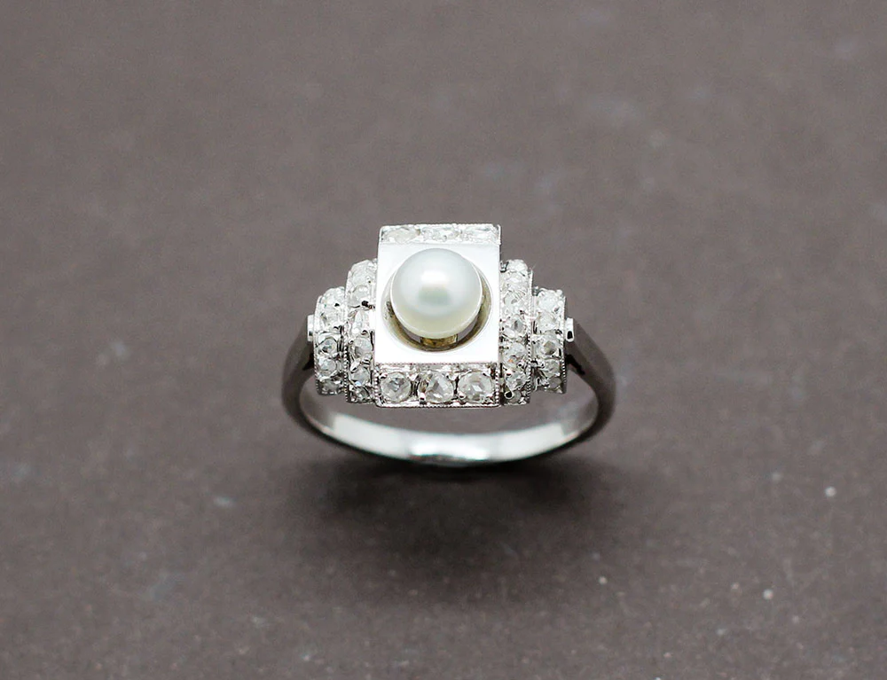 Bague Art Déco Perle Fine Diamants - Image 2