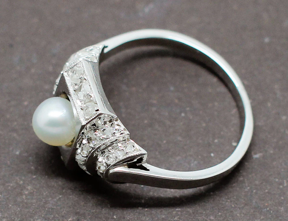 Bague Art Déco Perle Fine Diamants - Image 4