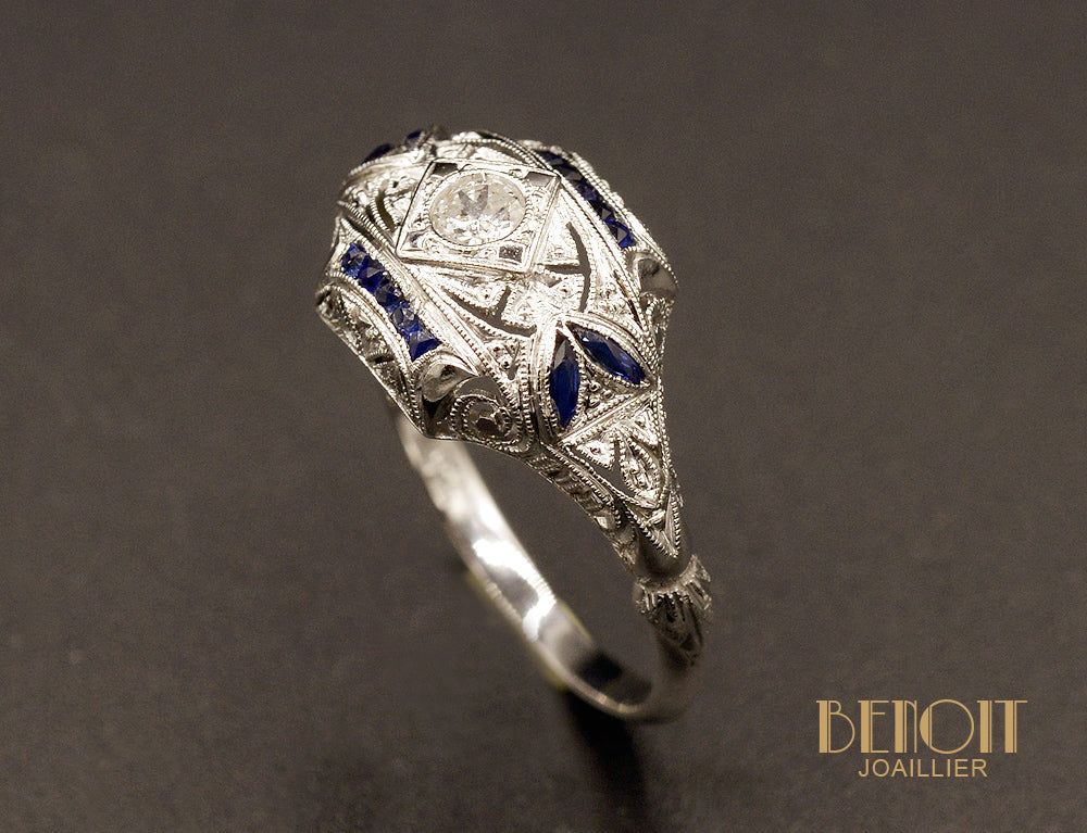 Bague Art Déco Platine Diamants et Saphirs - Image 3