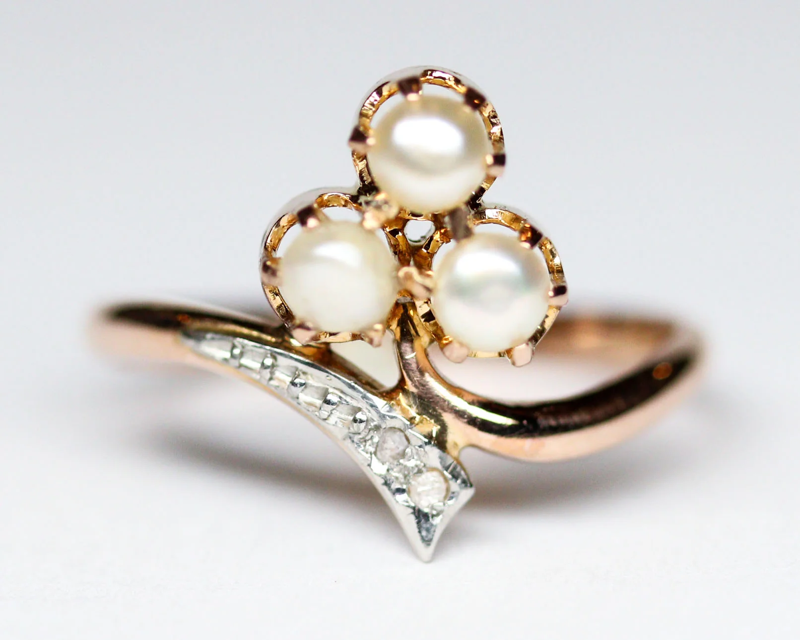 Bague Art Nouveau Trèfle Or Rouge , Platine, perles fines - Image 7