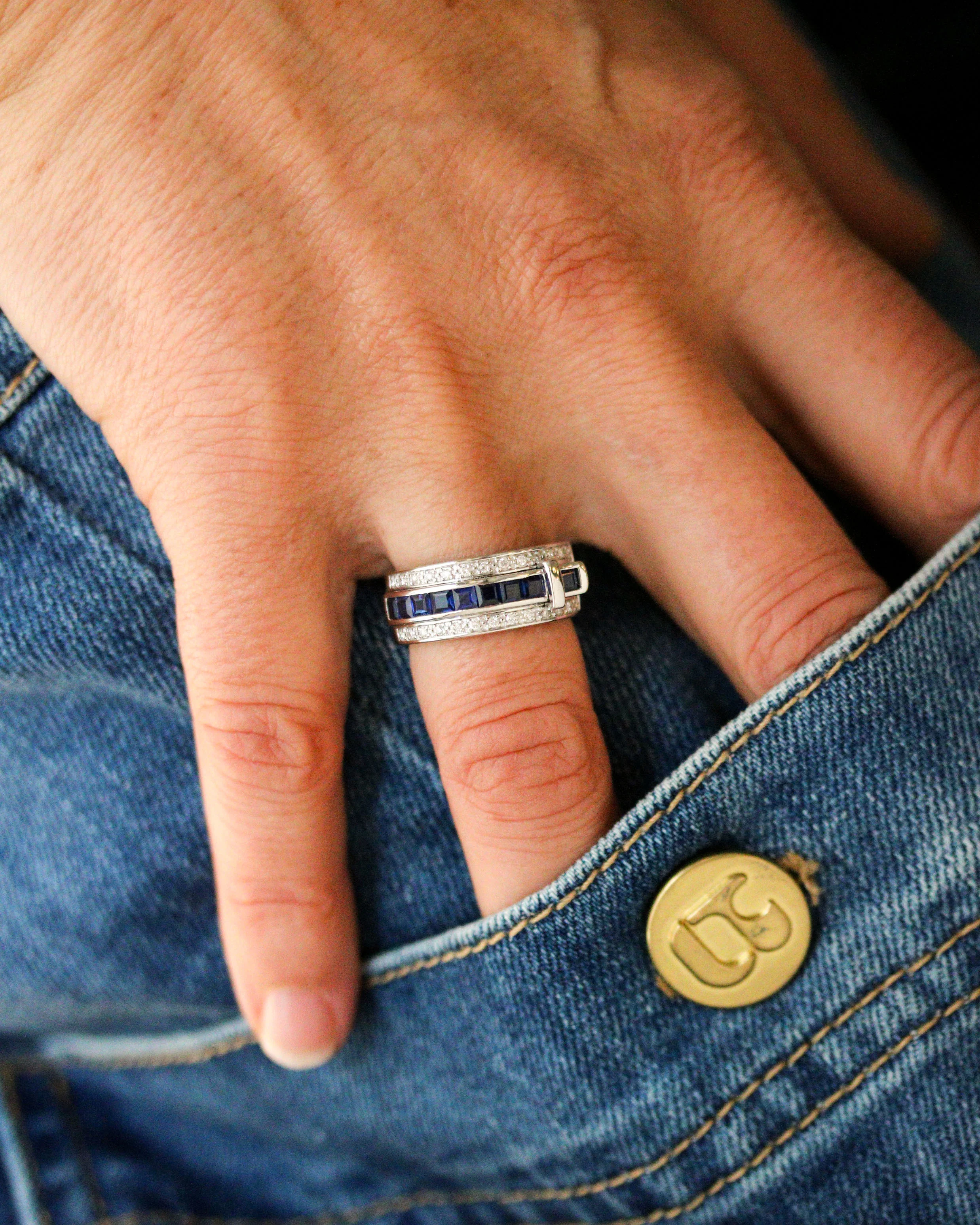 Bague Bandeau "Ceinture" Signée Guy Laroche Or et Saphirs et Diamants - Image 2