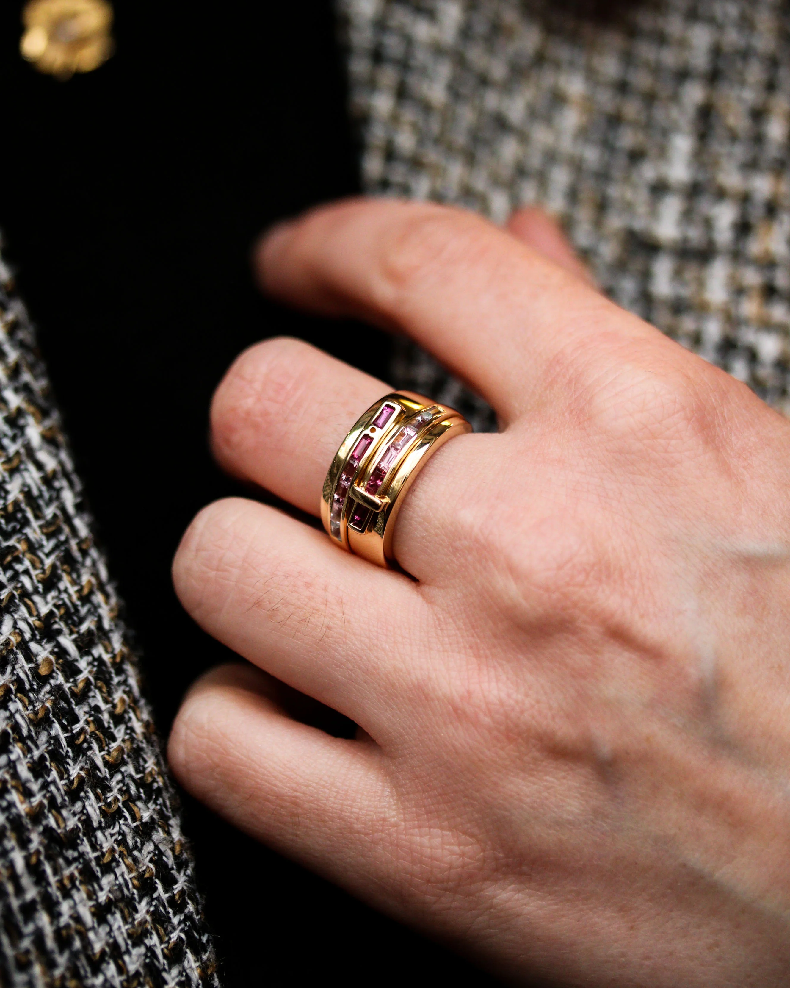 Bague Bandeau "Ceinture" Signée Guy Laroche Or et Tourmaline Rose - Image 2