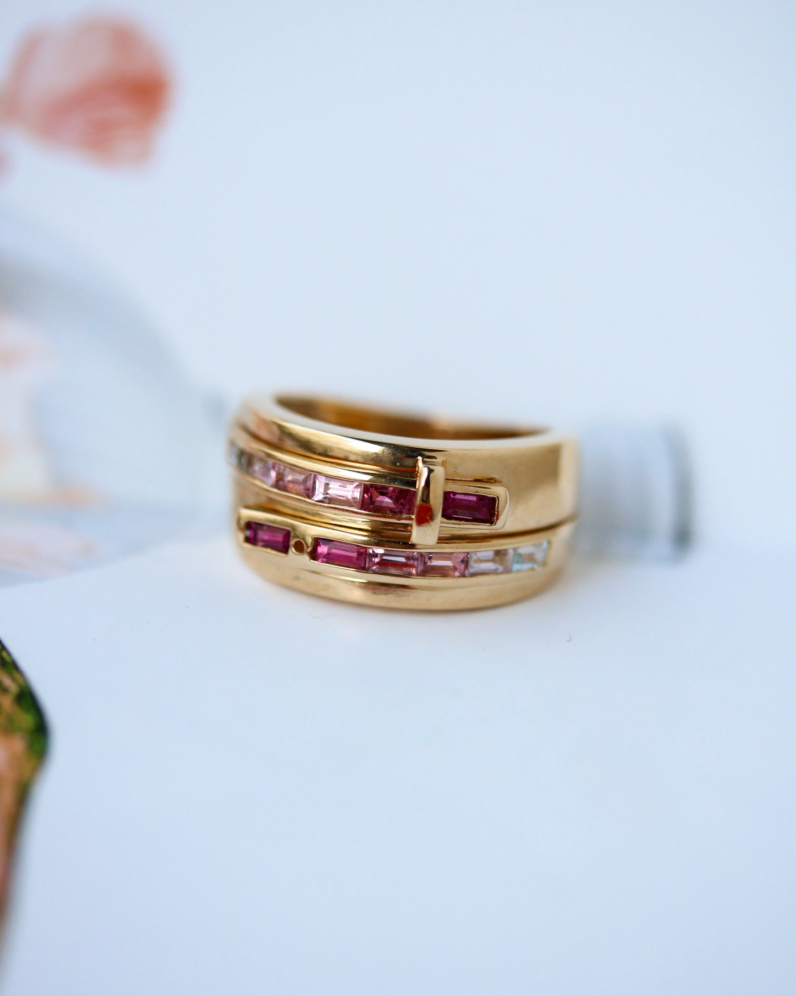 Bague Bandeau "Ceinture" Signée Guy Laroche Or et Tourmaline Rose - Image 7