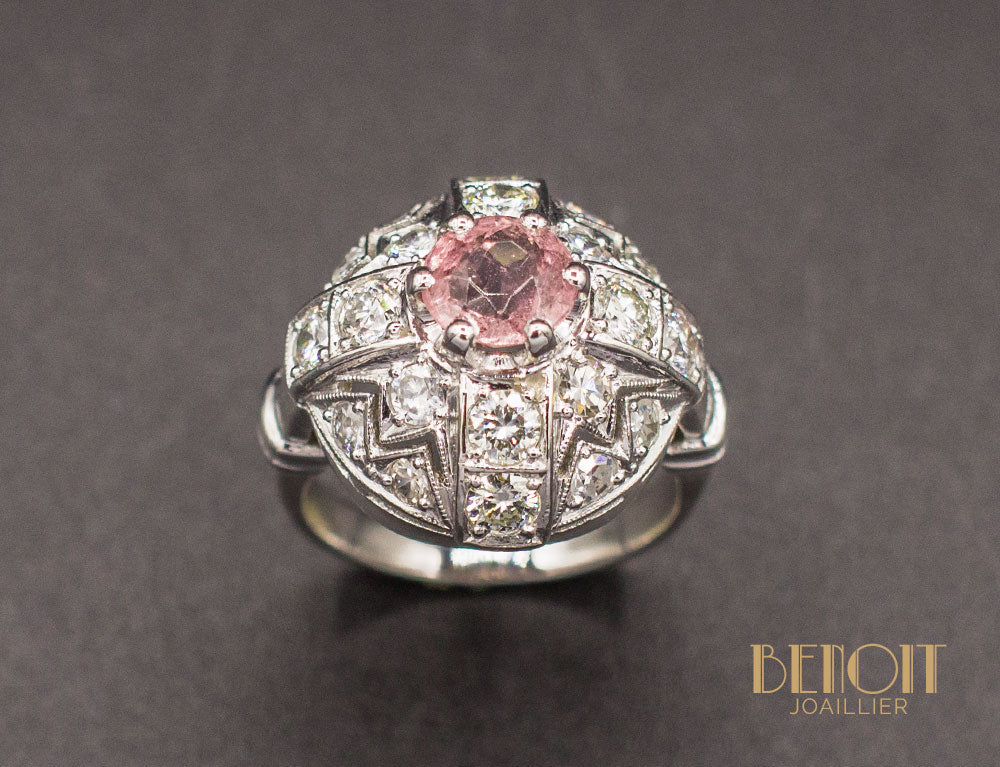 Bague Dôme Art Déco Tourmaline Diamants - Image 2