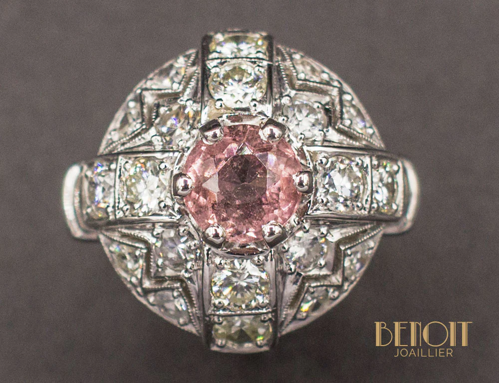 Bague Dôme Art Déco Tourmaline Diamants - Image 3