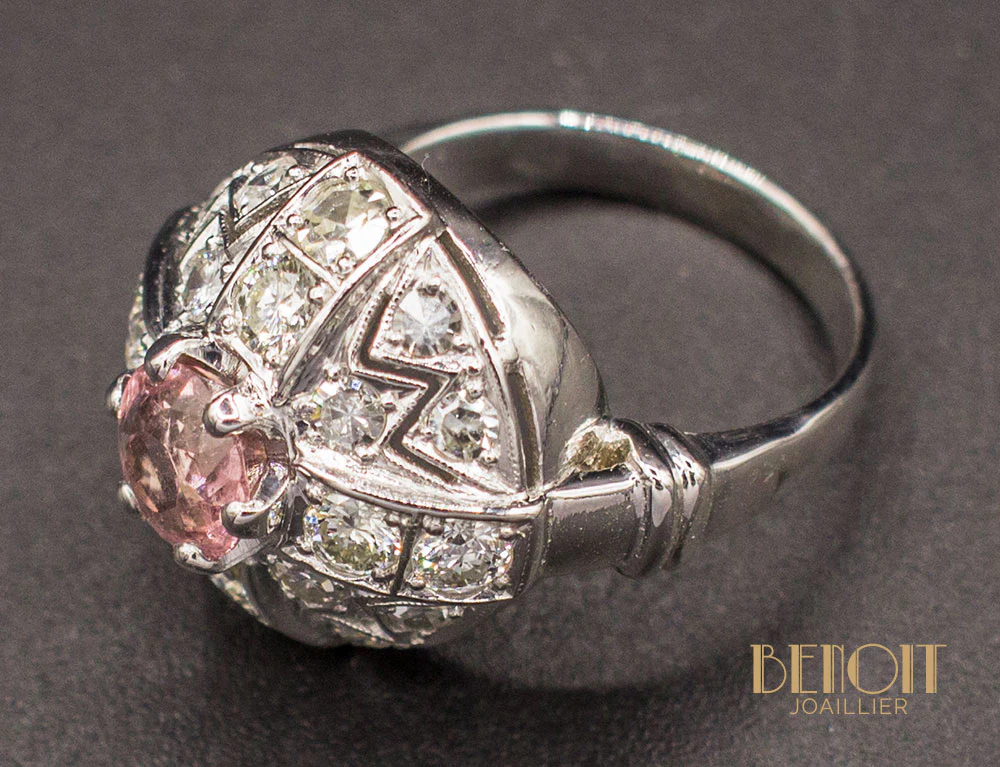 Bague Dôme Art Déco Tourmaline Diamants - Image 4