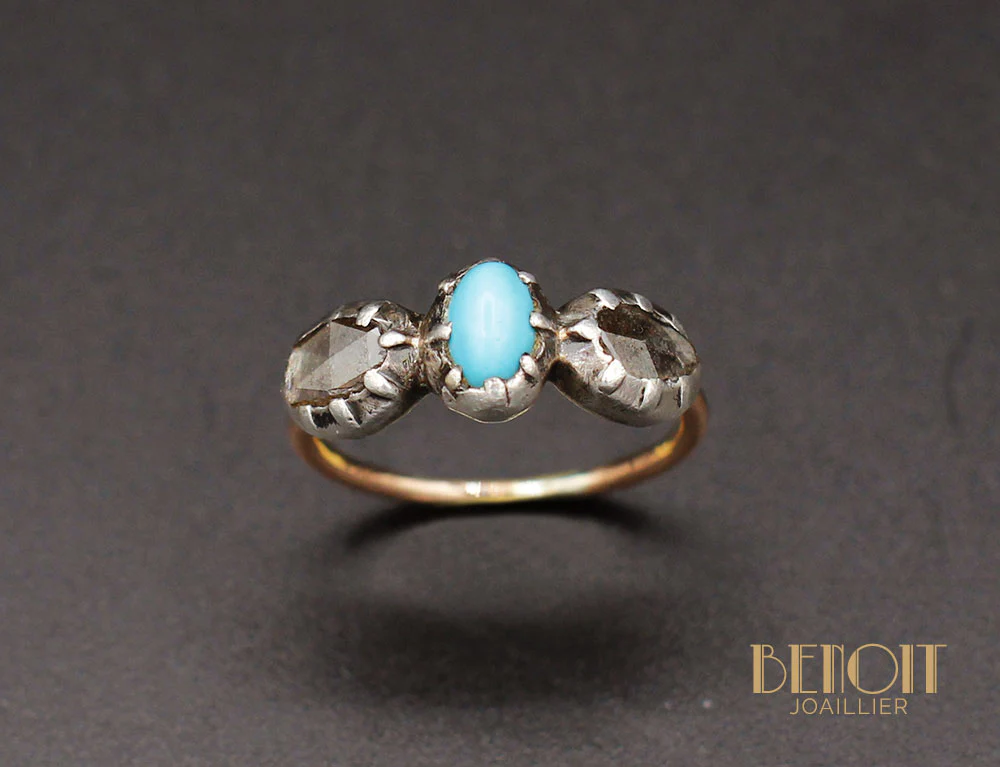 Bague Fin XVIIIe Turquoise et Diamants - Image 2