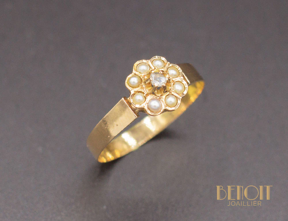 Bague Fleur Perles Diamants